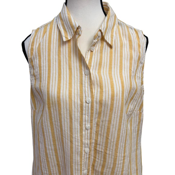 CREMIEUX Sleeveless Striped Button Up Shirt Medium Yellow White Linen Cotton - Picture 4 of 7
